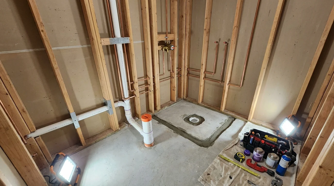 Bathroom rough-in plumbing during remodel by Johns Plumbing LLC in Southaven