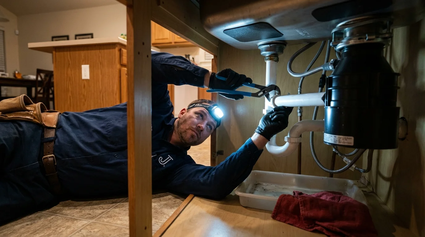 P-trap and supply line connections under a kitchen sink showing a common leak point in Southaven, MS